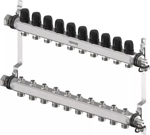 Verteiler von Uponor mit mehreren Anschlüssen, bestehend aus zwei horizontalen Reihen, ausgestattet mit schwarzen Drehverschlüssen und Anschlussmöglichkeiten für Rohrleitungen.